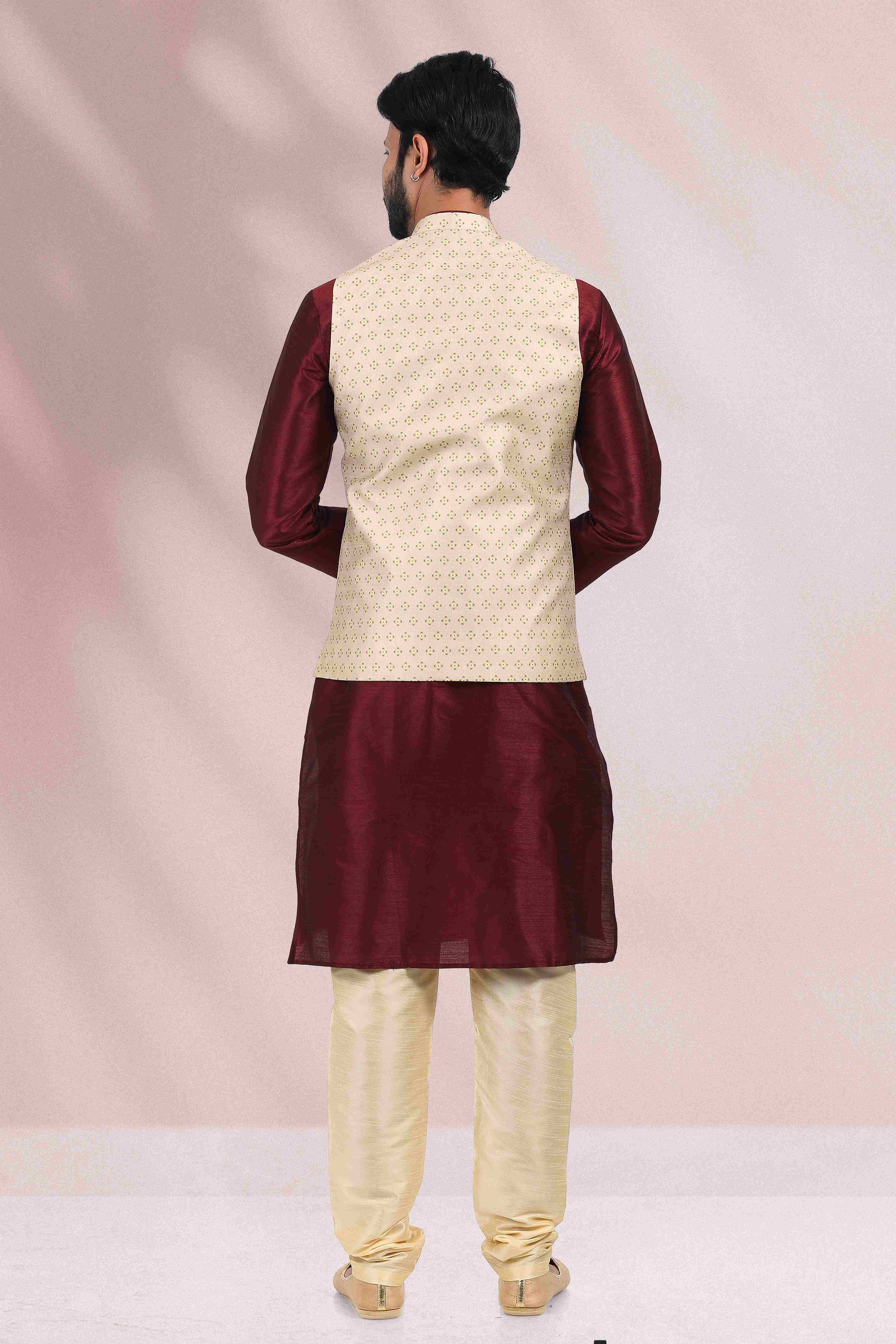 Raivat Ethnic Art Banarasi Silk Printed Work 3 Pics Jacket Set In Cream Colour