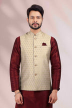 Raivat Ethnic Art Banarasi Silk Printed Work 3 Pics Jacket Set In Cream Colour