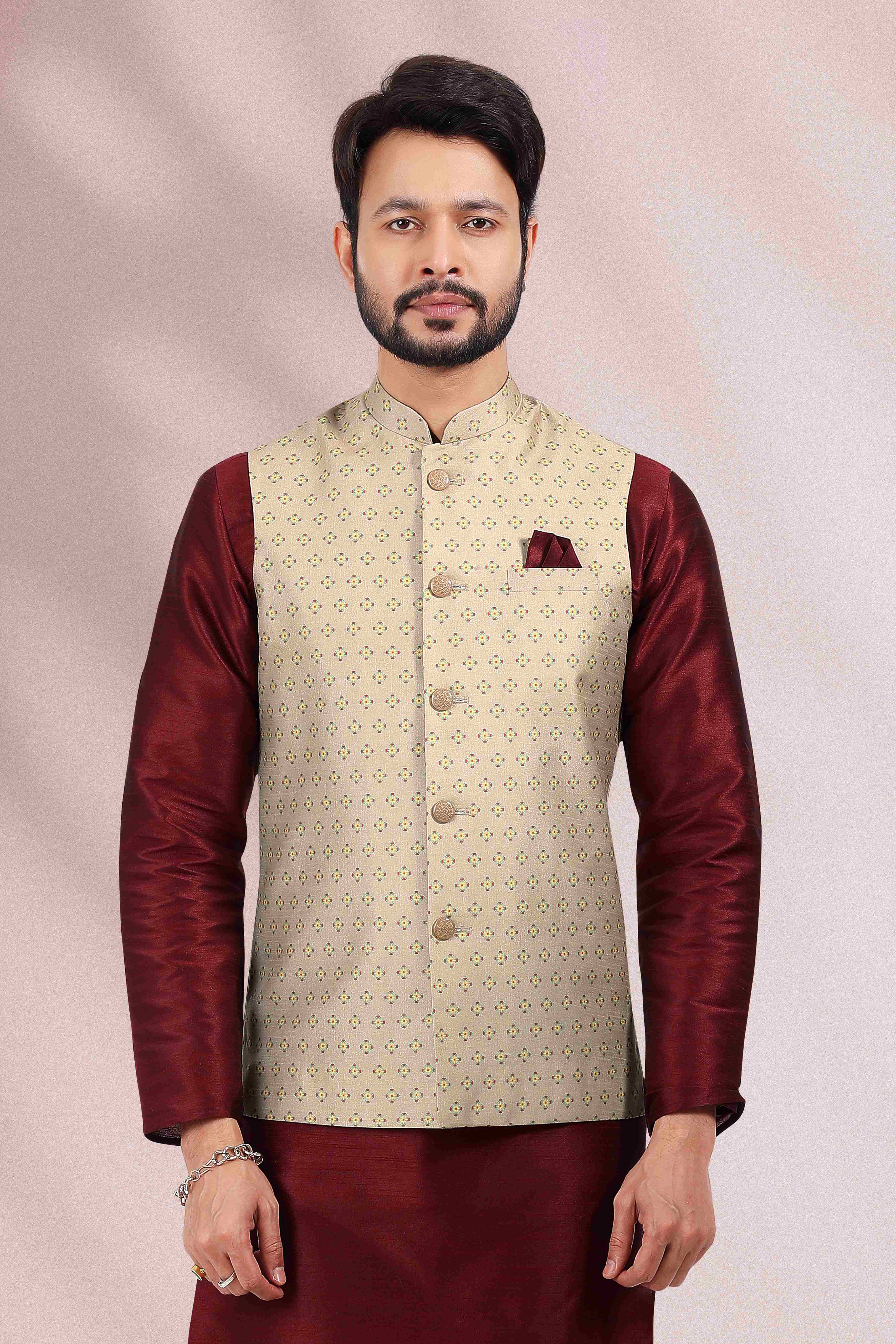 Raivat Ethnic Art Banarasi Silk Printed Work 3 Pics Jacket Set In Cream Colour