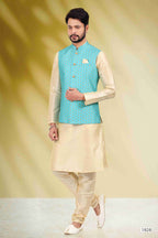 Raivat Ethnic Art Banarasi Silk Printed Work 3 Pics Jacket Set In Sky Blue Colour