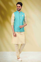 Raivat Ethnic Art Banarasi Silk Printed Work 3 Pics Jacket Set In Sky Blue Colour