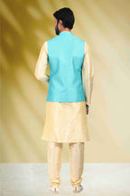 Raivat Ethnic Art Banarasi Silk Printed Work 3 Pics Jacket Set In Sky Blue Colour