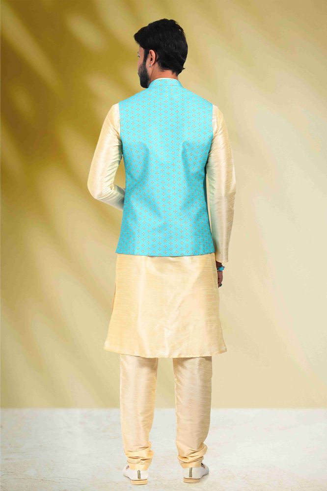 Raivat Ethnic Art Banarasi Silk Printed Work 3 Pics Jacket Set In Sky Blue Colour