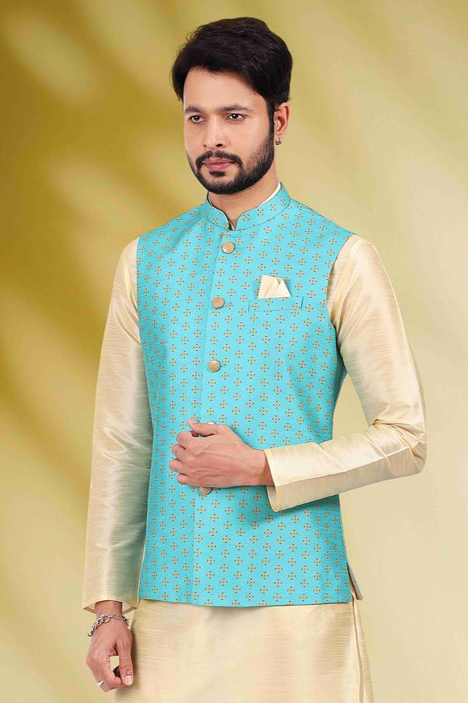 Raivat Ethnic Art Banarasi Silk Printed Work 3 Pics Jacket Set In Sky Blue Colour