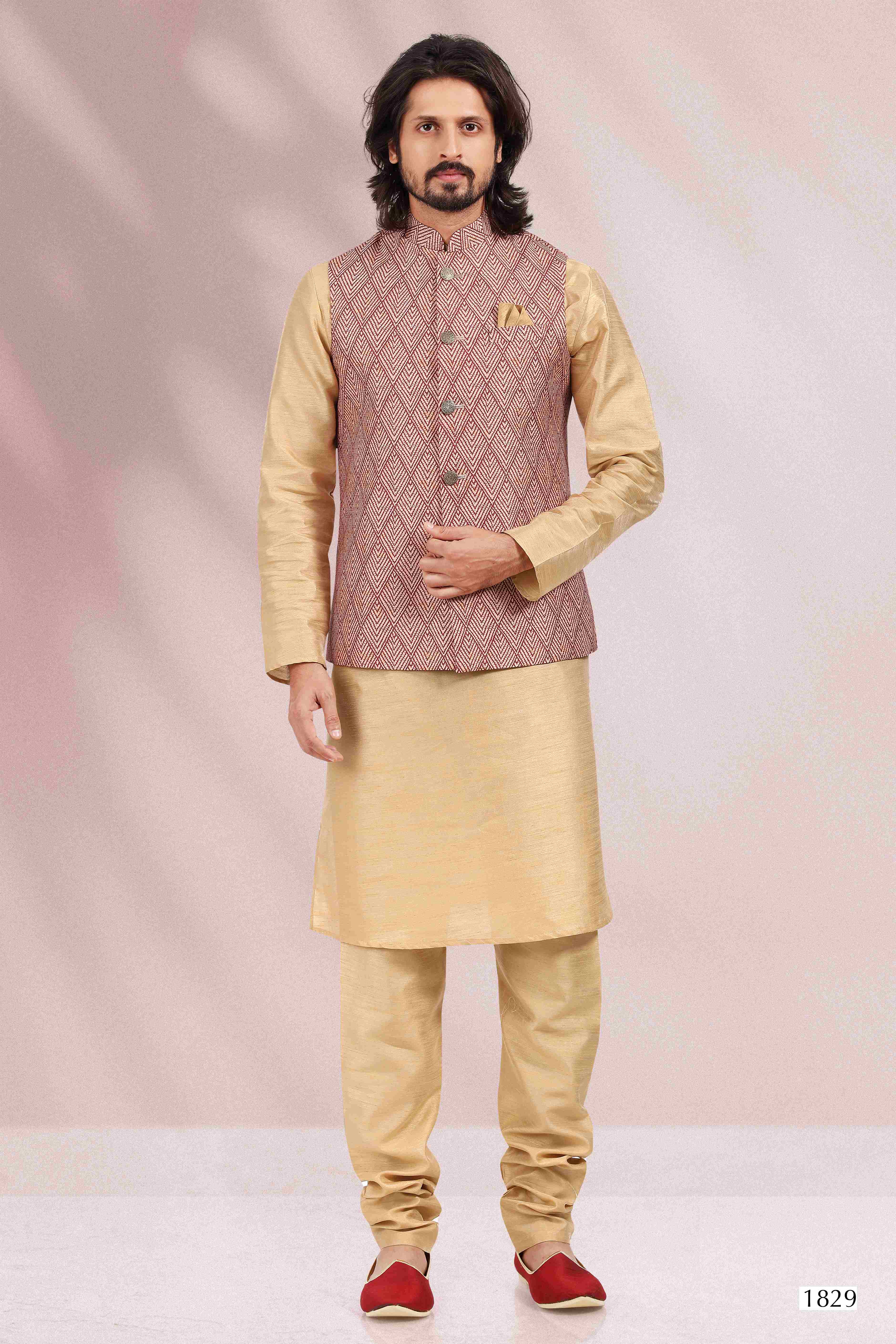 Raivat Ethnic Art Banarasi Silk Printed Work 3 Pics Jacket Set In Maroon Colour