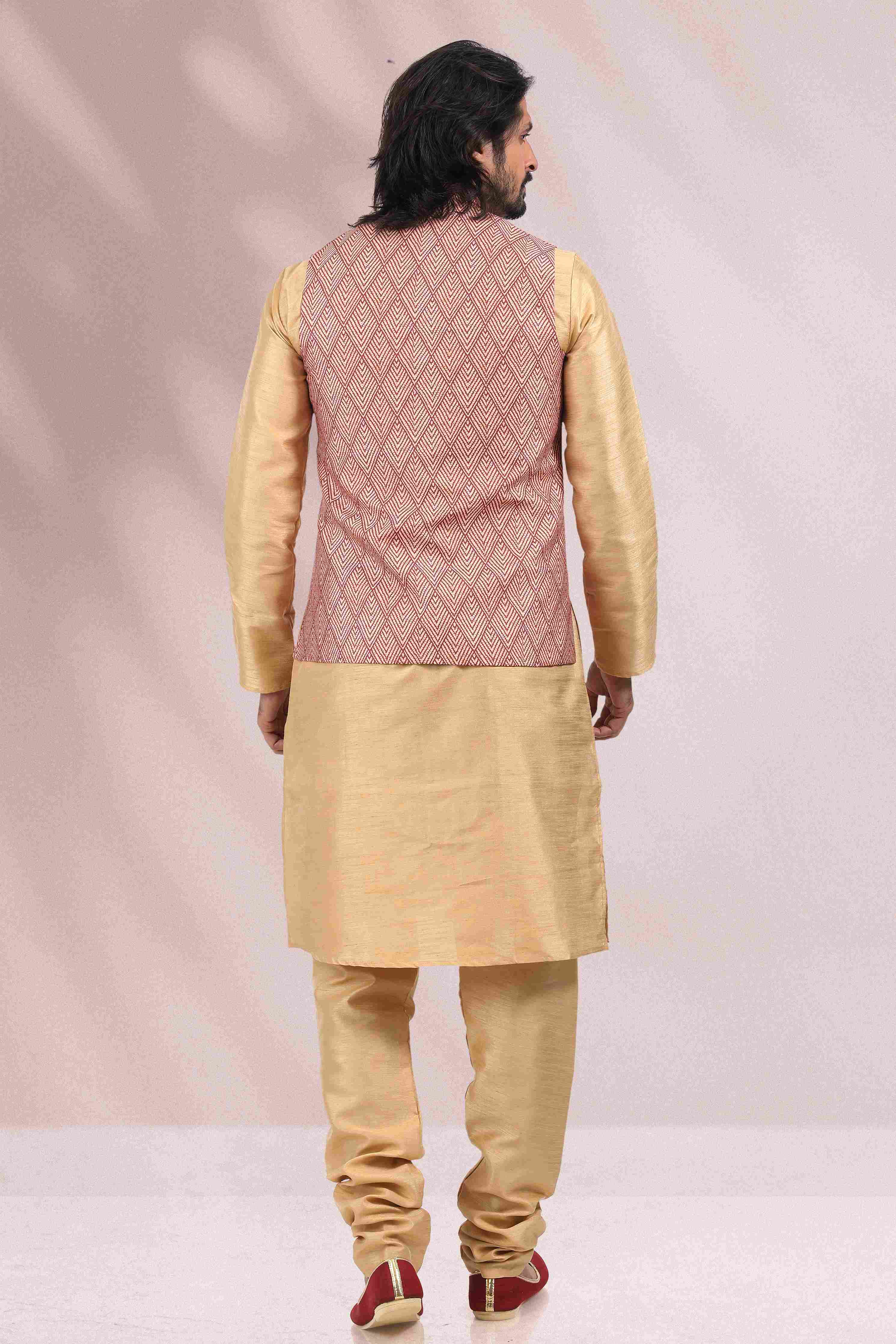 Raivat Ethnic Art Banarasi Silk Printed Work 3 Pics Jacket Set In Maroon Colour