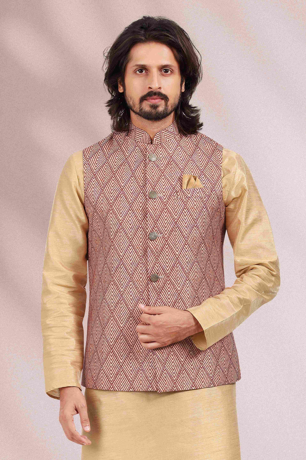 Raivat Ethnic Art Banarasi Silk Printed Work 3 Pics Jacket Set In Maroon Colour