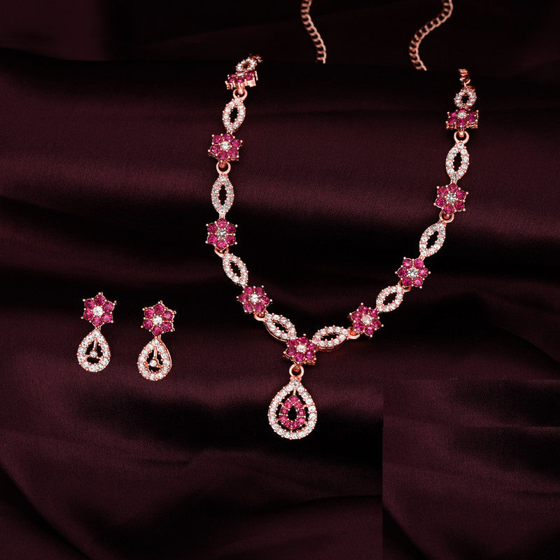 Tehzeeb Creations Elegant Pink Polished American Diamond (Ad) Studded Necklace And Earring Set For Women