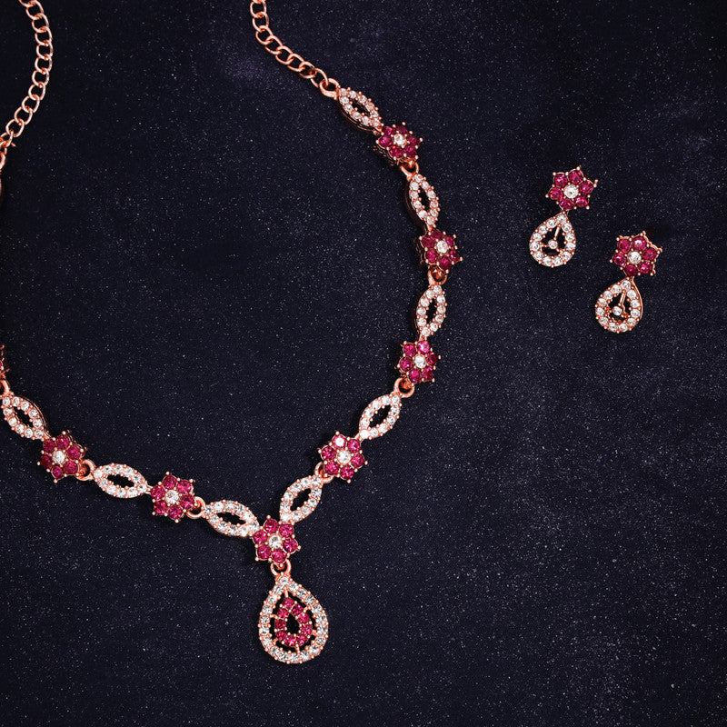 Tehzeeb Creations Elegant Pink Polished American Diamond (Ad) Studded Necklace And Earring Set For Women