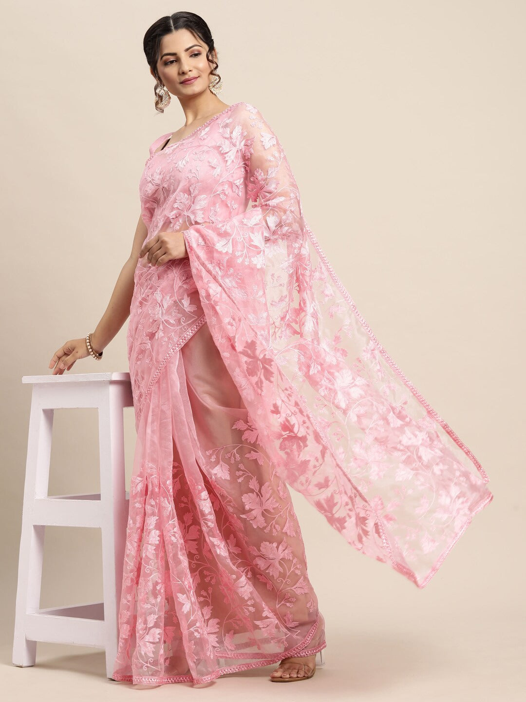 Saree Mall Pink Floral Embroidered Organza Sarees - Distacart