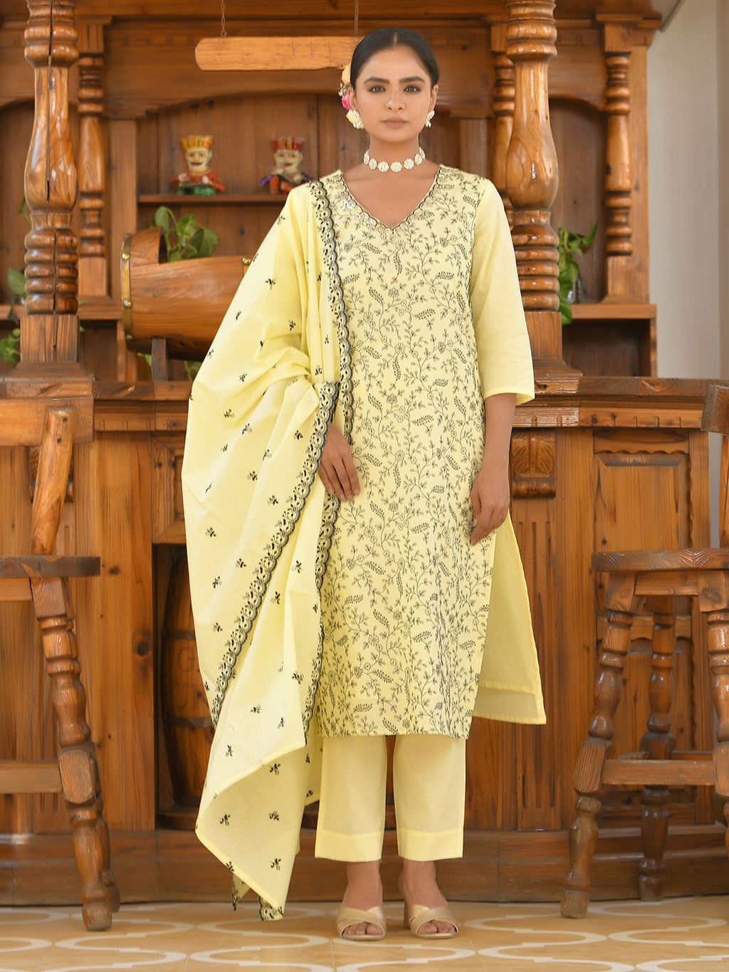 Vaasva Women's Cotton Solid Lemon Embroidered Suit Set
