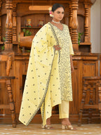 Vaasva Women's Cotton Solid Lemon Embroidered Suit Set