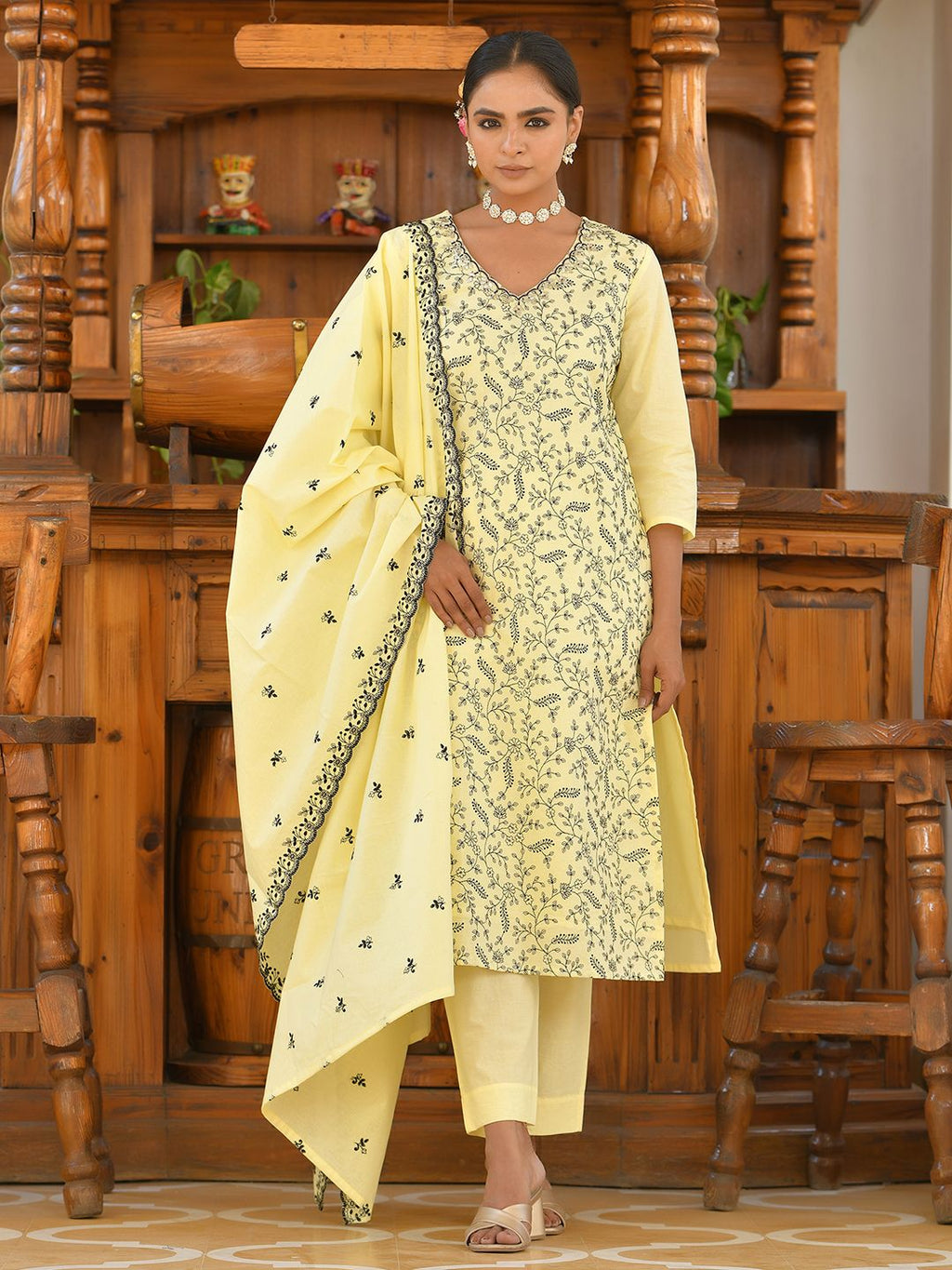 Vaasva Women's Cotton Solid Lemon Embroidered Suit Set