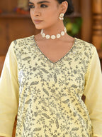 Vaasva Women's Cotton Solid Lemon Embroidered Suit Set