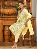 Vaasva Women's Cotton Solid Lemon Embroidered Suit Set