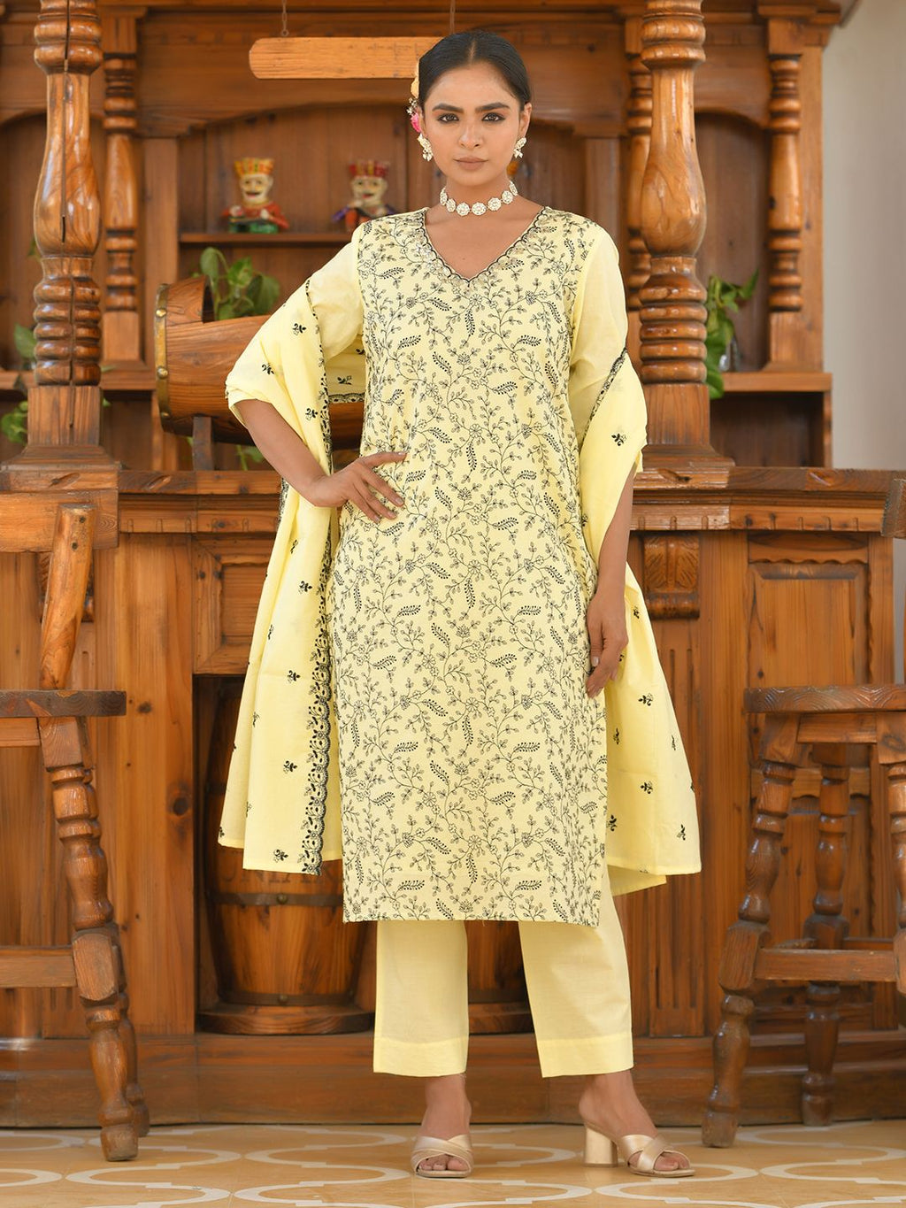 Vaasva Women's Cotton Solid Lemon Embroidered Suit Set