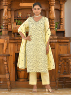 Vaasva Women's Cotton Solid Lemon Embroidered Suit Set