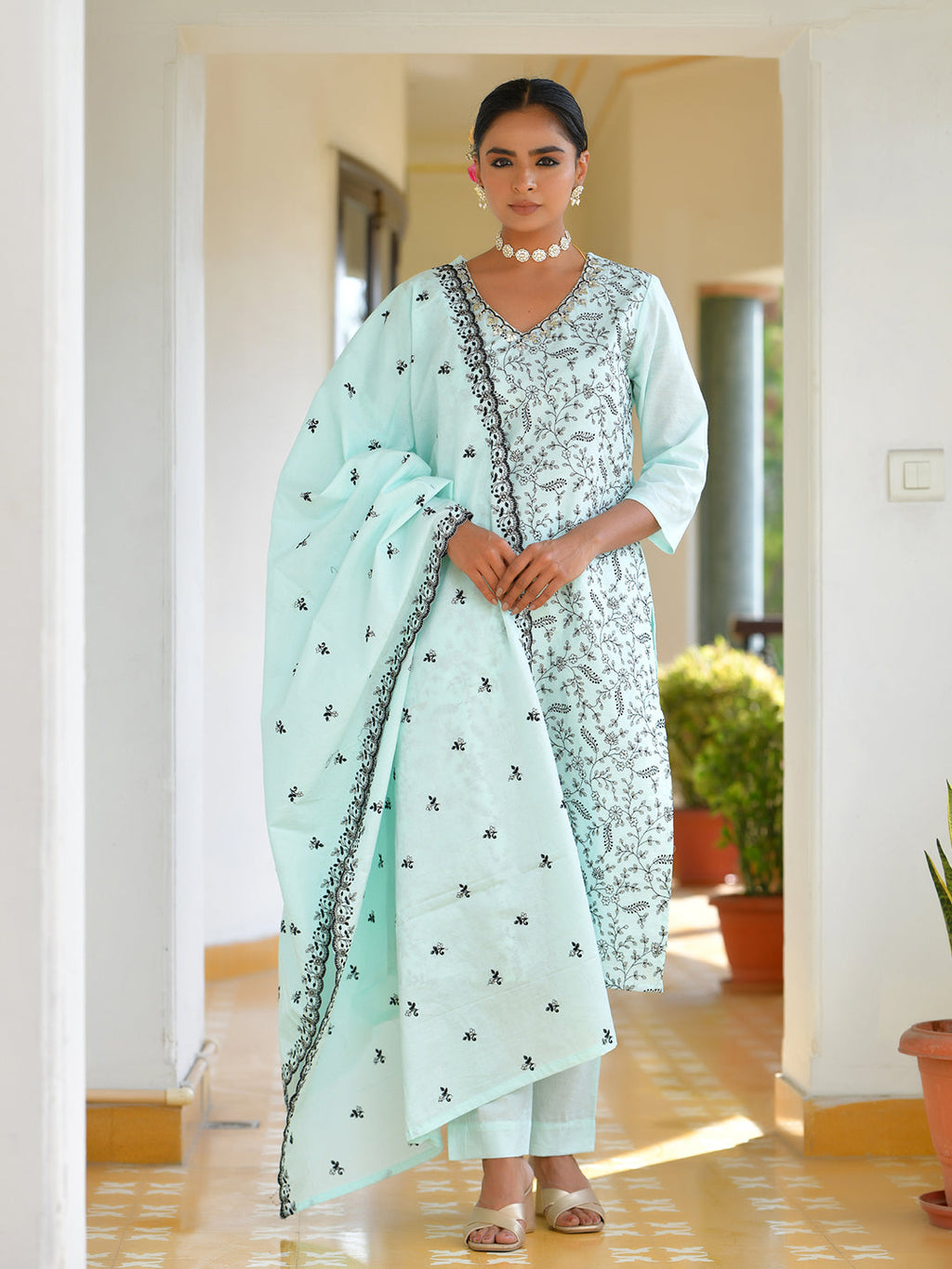 Vaasva Women's Cotton Solid Sky Embroidered Suit Set