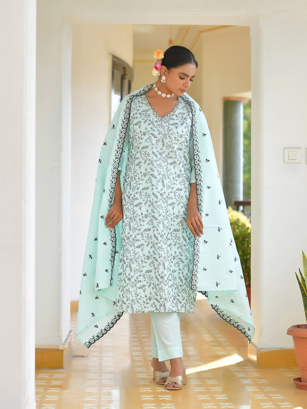 Vaasva Women's Cotton Solid Sky Embroidered Suit Set
