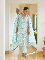 Vaasva Women's Cotton Solid Sky Embroidered Suit Set