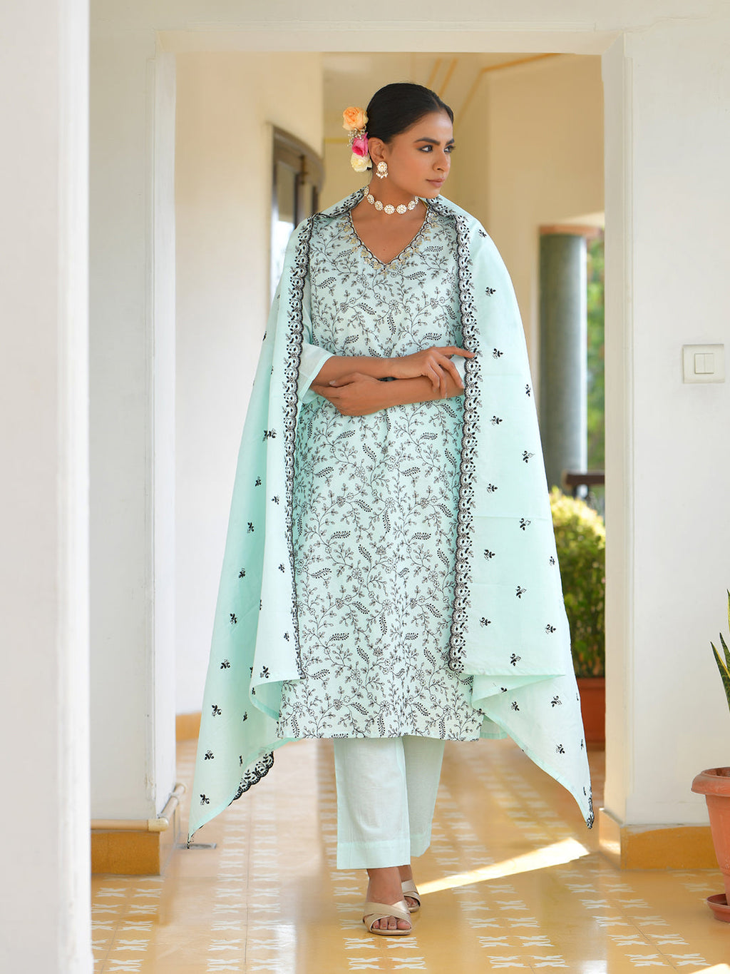 Vaasva Women's Cotton Solid Sky Embroidered Suit Set