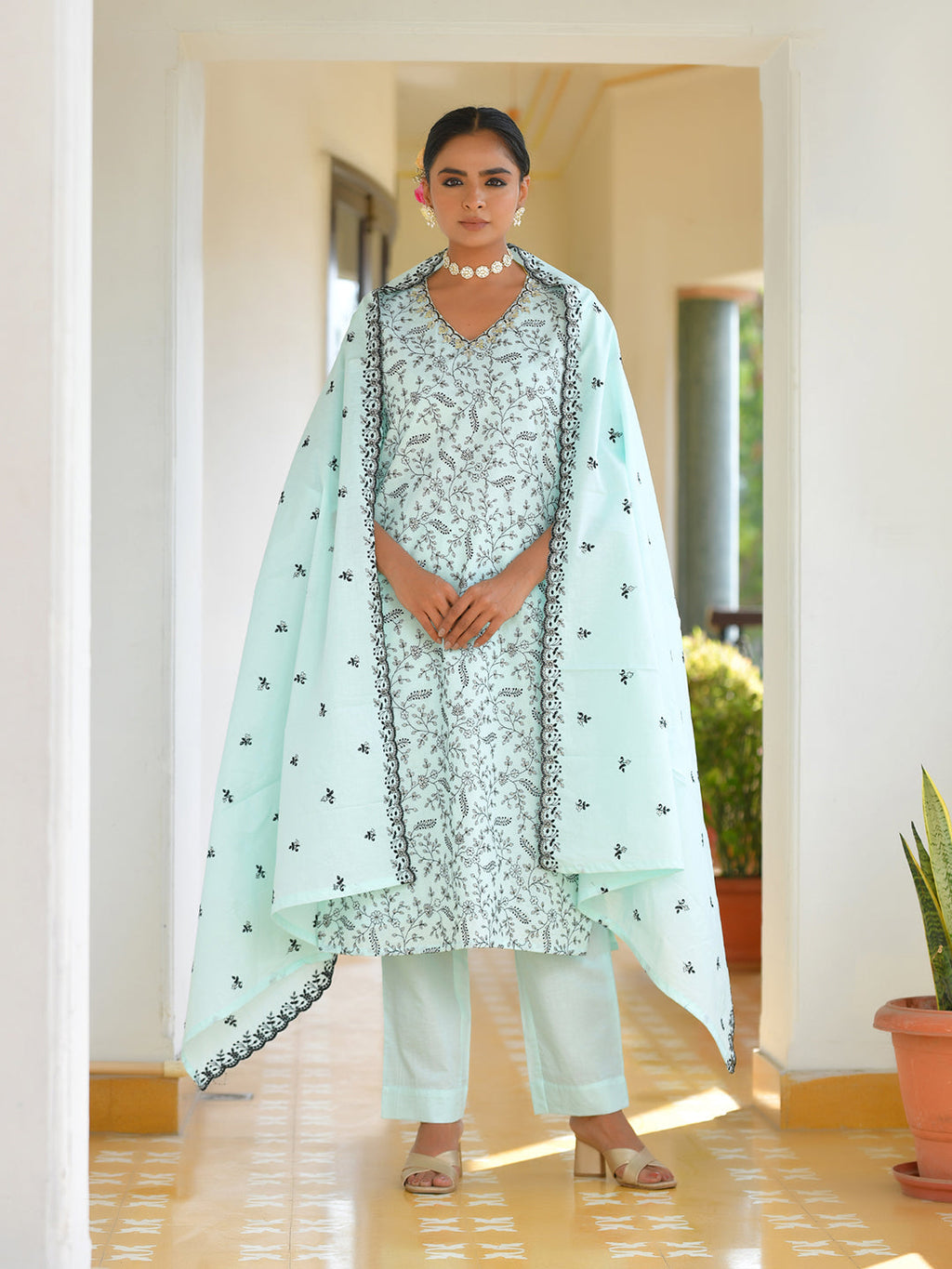 Vaasva Women's Cotton Solid Sky Embroidered Suit Set