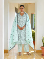 Vaasva Women's Cotton Solid Sky Embroidered Suit Set