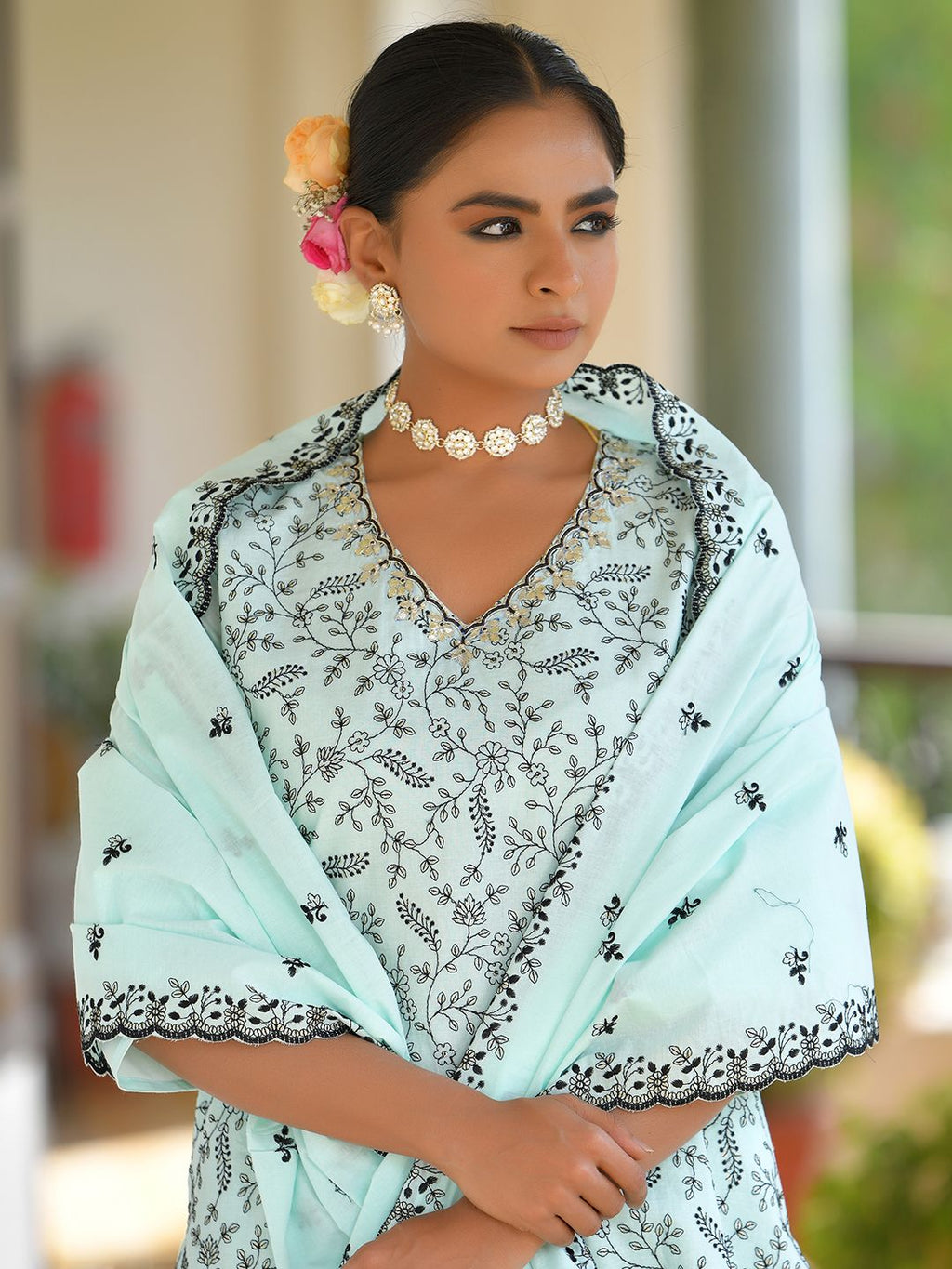 Vaasva Women's Cotton Solid Sky Embroidered Suit Set
