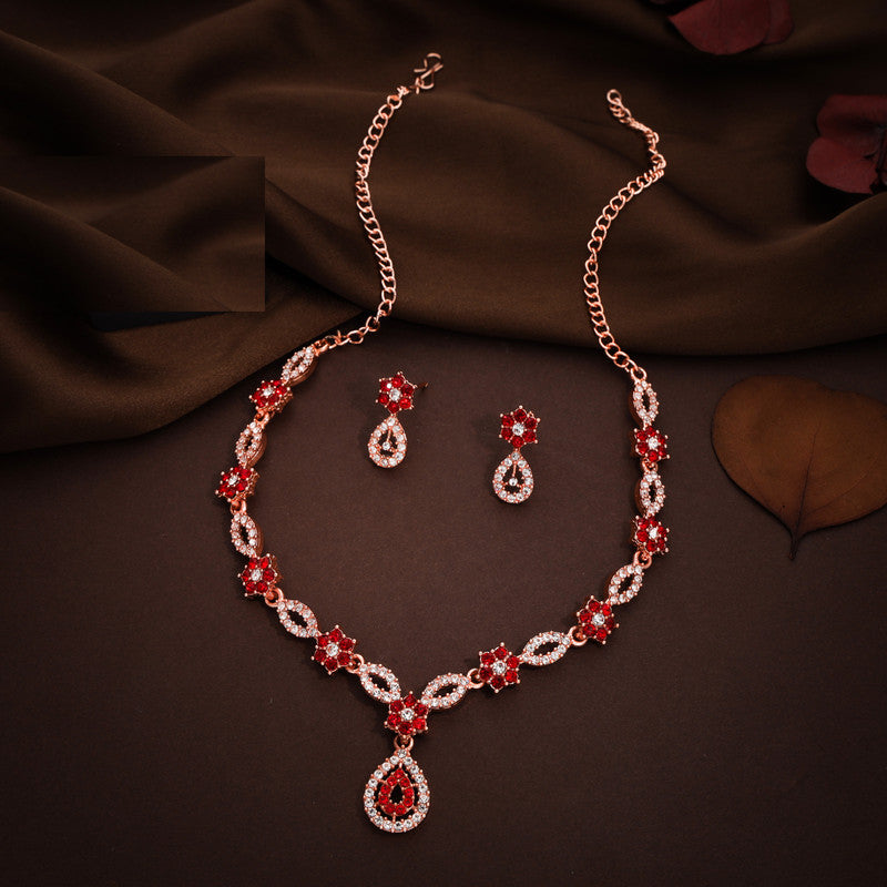 Tehzeeb Creations Elegant Red Polished American Diamond (Ad) Studded Necklace And Earring Set For Women