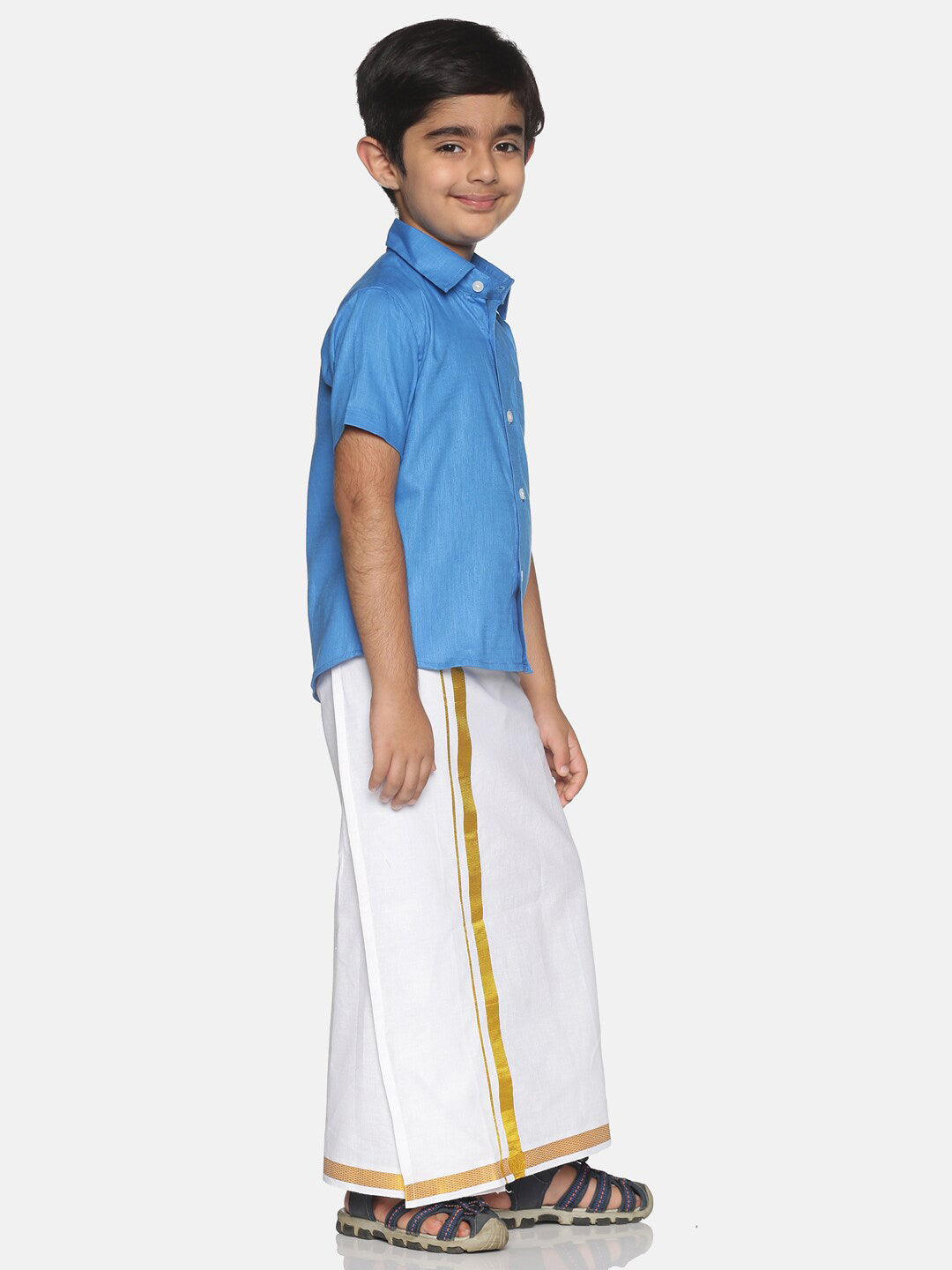 Sethukrishna Blue & White Solid Shirt with Veshti Set For Boys