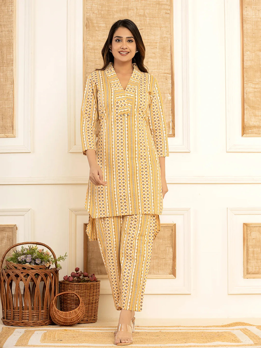 Yufta Mustard Cotton Ethnic Motifs Striped Print Co-Ord Set