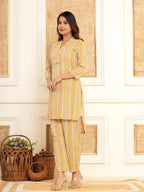 Yufta Mustard Cotton Ethnic Motifs Striped Print Co-Ord Set