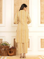 Yufta Mustard Cotton Ethnic Motifs Striped Print Co-Ord Set