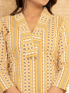 Yufta Mustard Cotton Ethnic Motifs Striped Print Co-Ord Set