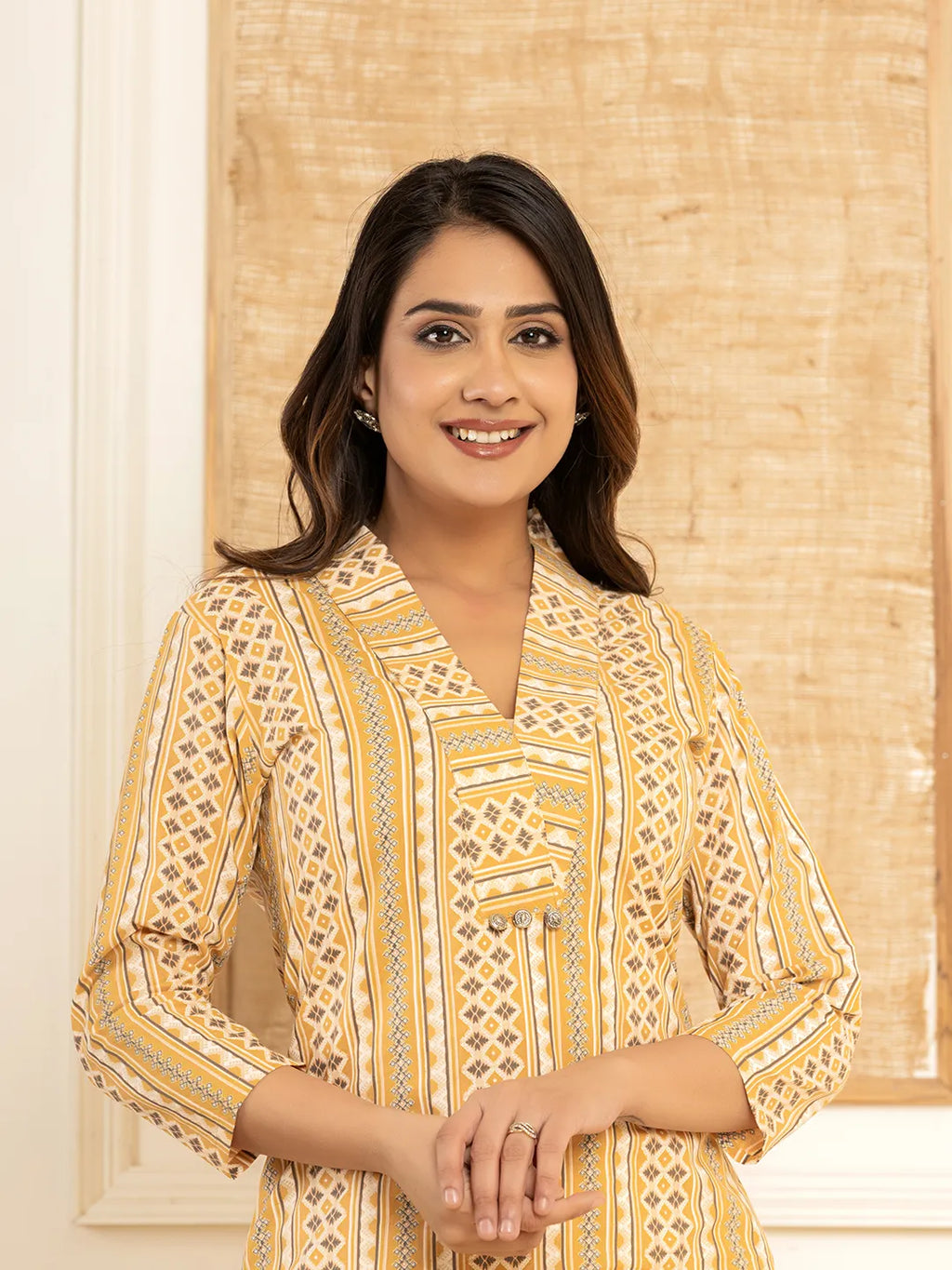 Yufta Mustard Cotton Ethnic Motifs Striped Print Co-Ord Set