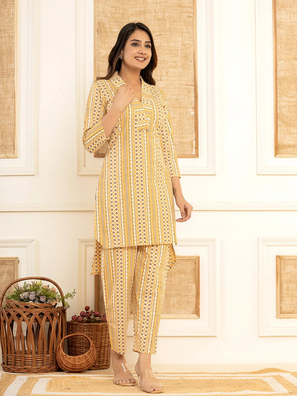 Yufta Mustard Cotton Ethnic Motifs Striped Print Co-Ord Set