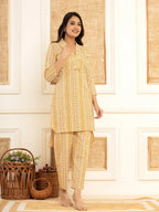 Yufta Mustard Cotton Ethnic Motifs Striped Print Co-Ord Set