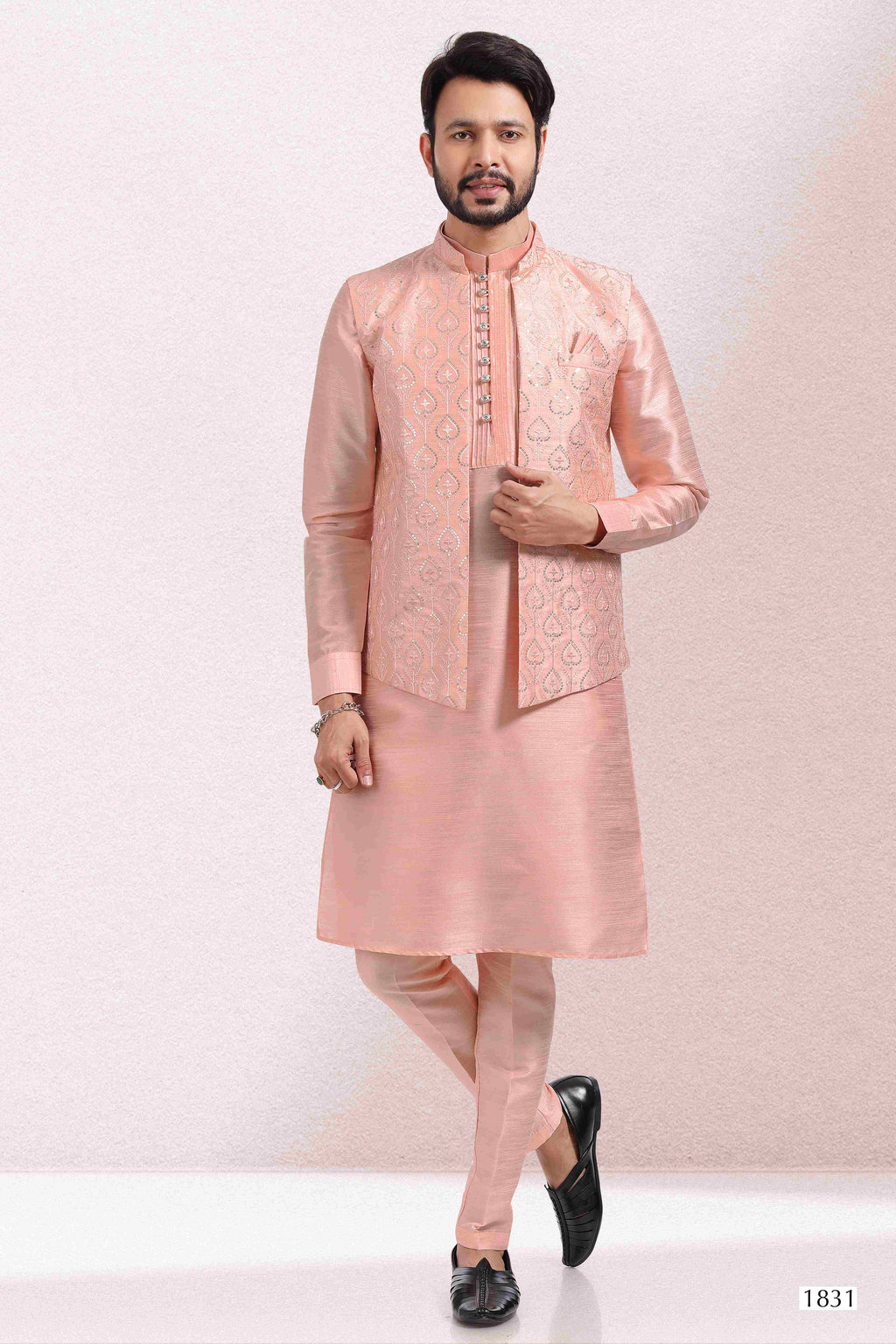 Raivat Ethnic Art Banarasi Silk Thread Work 3 Pics Jacket Set In Peach Colour