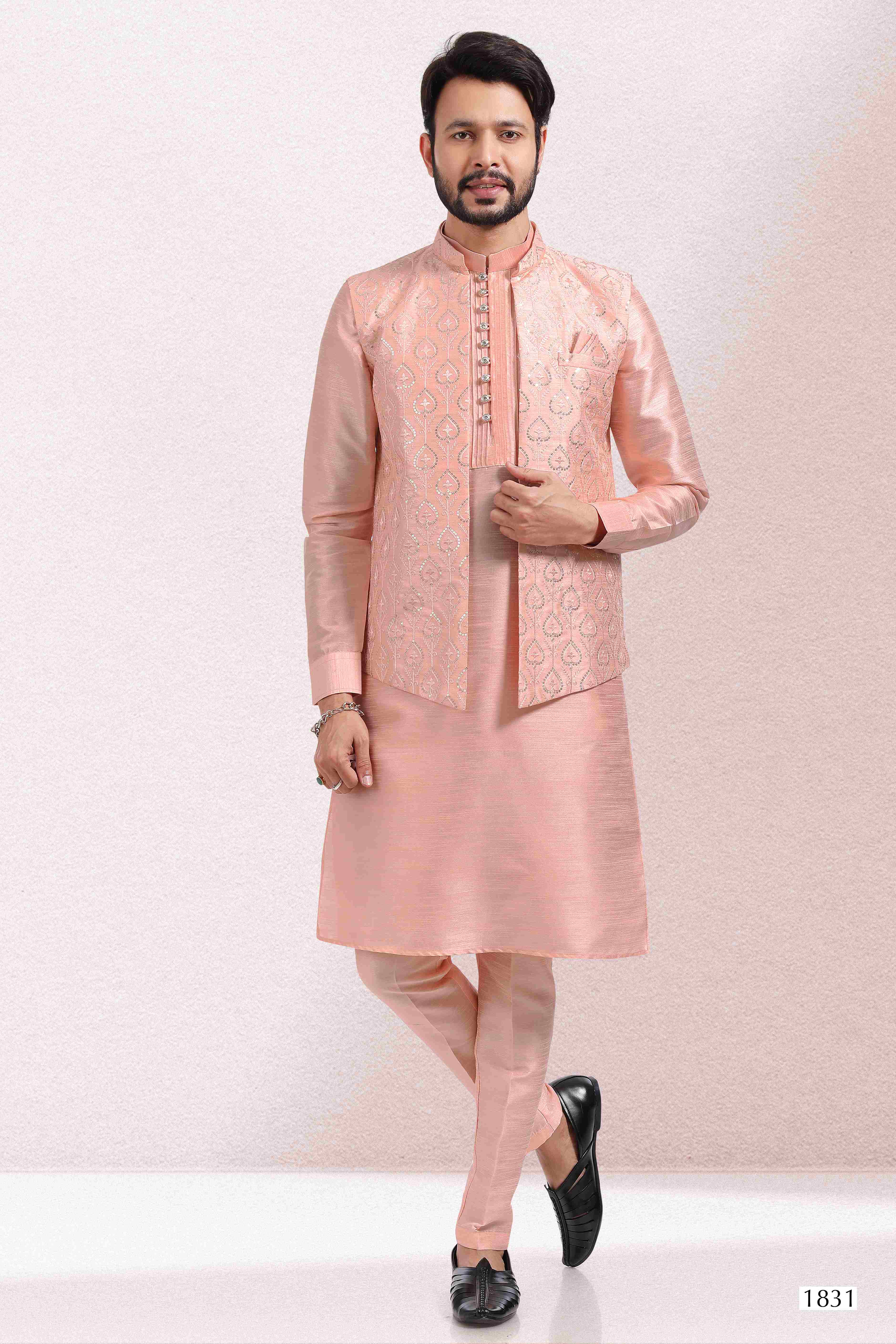 Raivat Ethnic Art Banarasi Silk Thread Work 3 Pics Jacket Set In Peach Colour