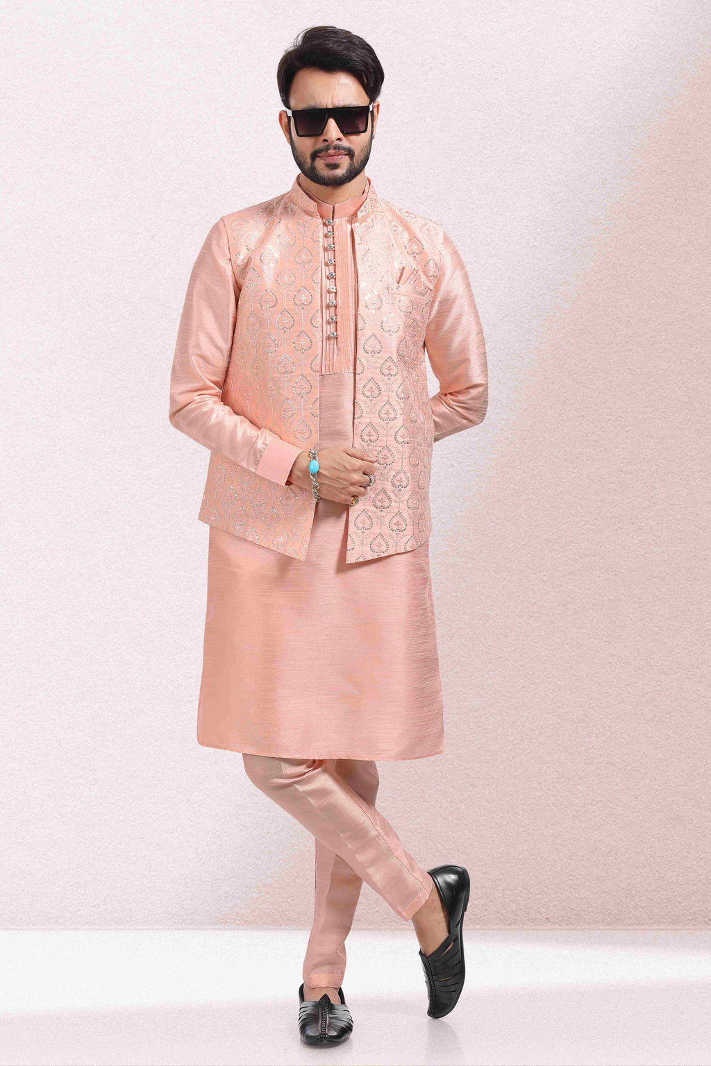 Raivat Ethnic Art Banarasi Silk Thread Work 3 Pics Jacket Set In Peach Colour