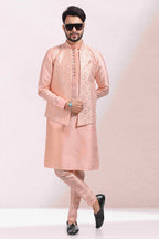 Raivat Ethnic Art Banarasi Silk Thread Work 3 Pics Jacket Set In Peach Colour