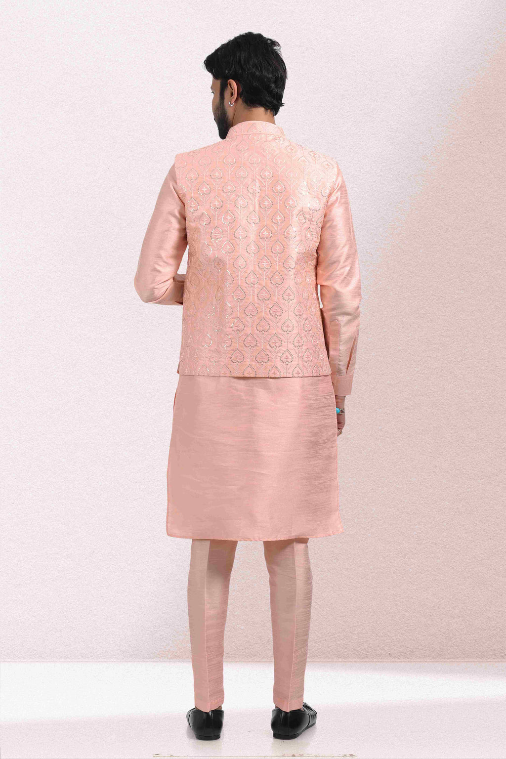 Raivat Ethnic Art Banarasi Silk Thread Work 3 Pics Jacket Set In Peach Colour