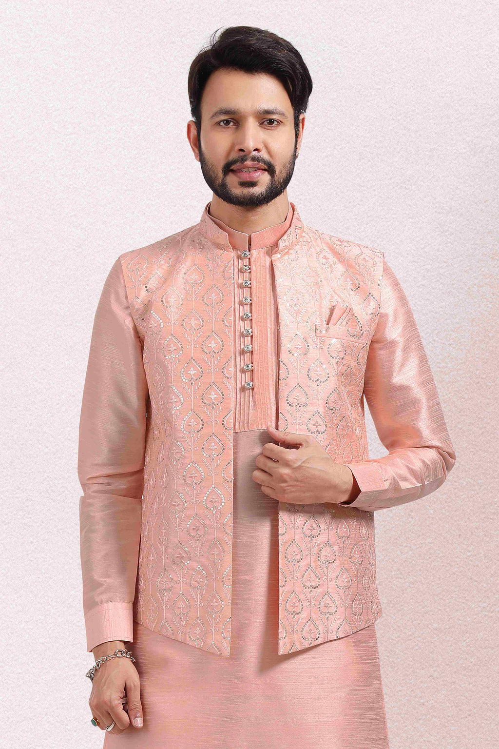 Raivat Ethnic Art Banarasi Silk Thread Work 3 Pics Jacket Set In Peach Colour