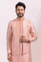 Raivat Ethnic Art Banarasi Silk Thread Work 3 Pics Jacket Set In Peach Colour