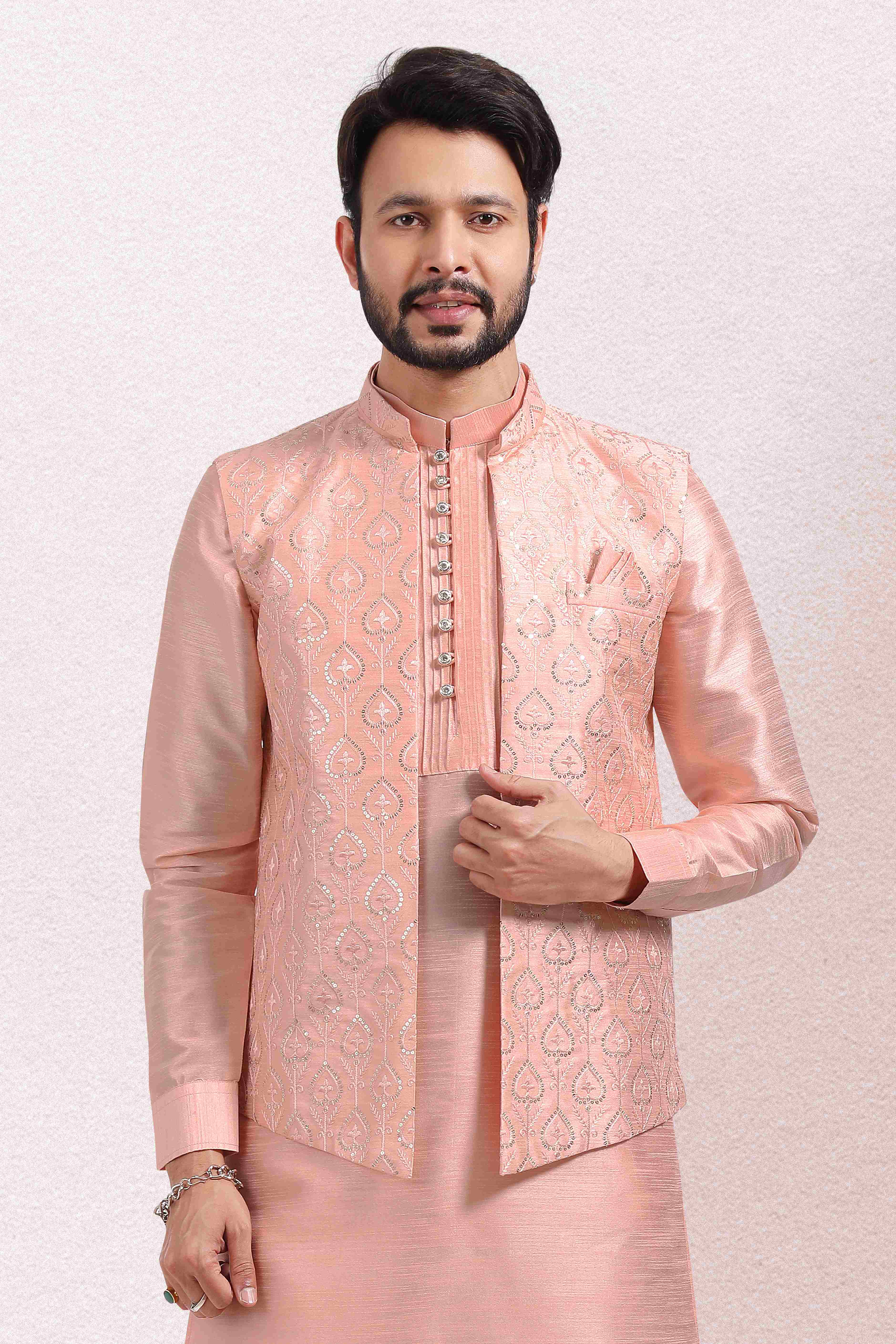Raivat Ethnic Art Banarasi Silk Thread Work 3 Pics Jacket Set In Peach Colour