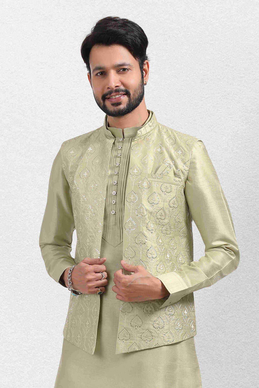 Raivat Ethnic Art Banarasi Silk Thread Work 3 Pics Jacket Set In Pista Green Colour
