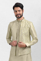 Raivat Ethnic Art Banarasi Silk Thread Work 3 Pics Jacket Set In Pista Green Colour