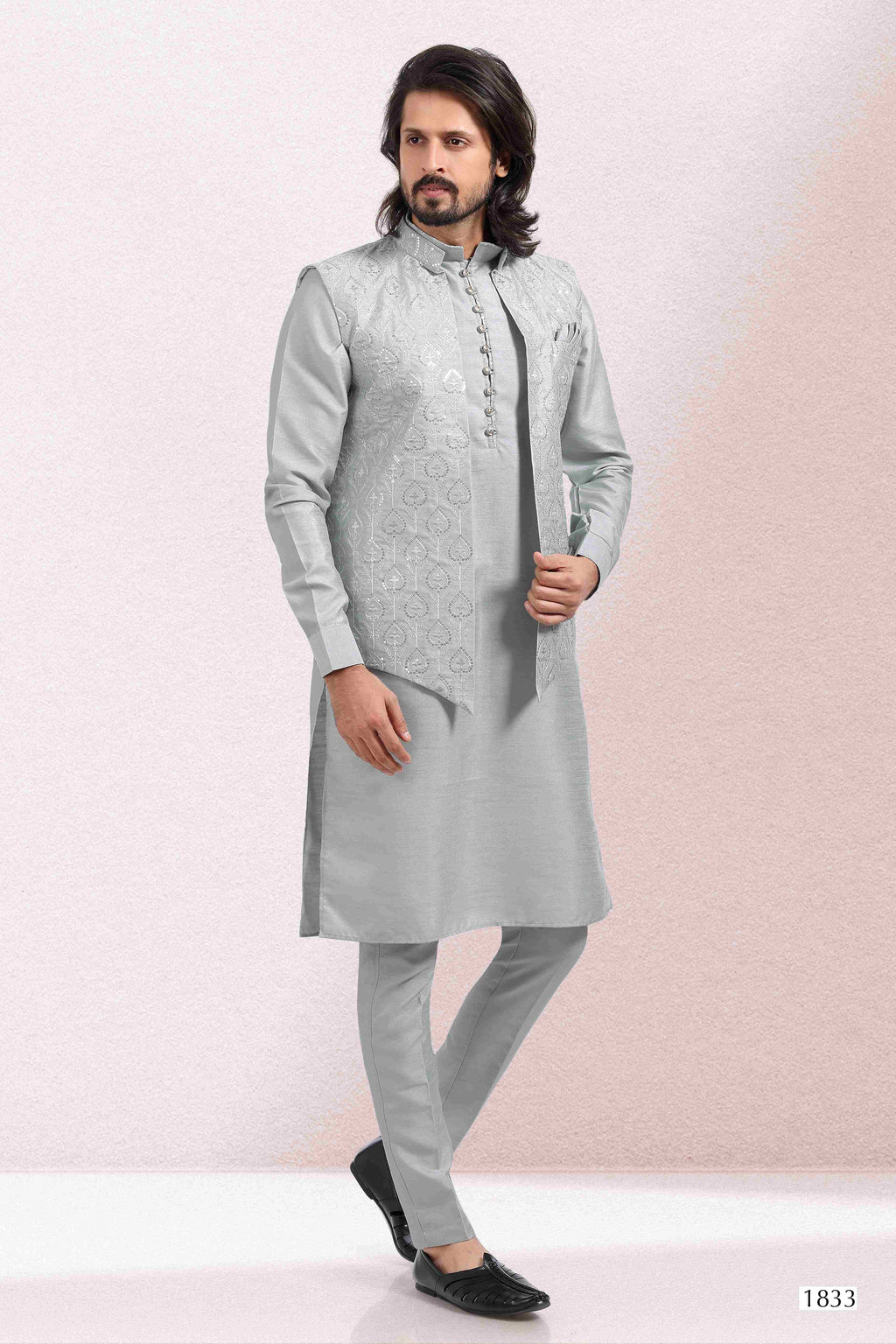 Raivat Ethnic Art Banarasi Silk Thread Work 3 Pics Jacket Set In Grey Colour