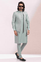 Raivat Ethnic Art Banarasi Silk Thread Work 3 Pics Jacket Set In Grey Colour