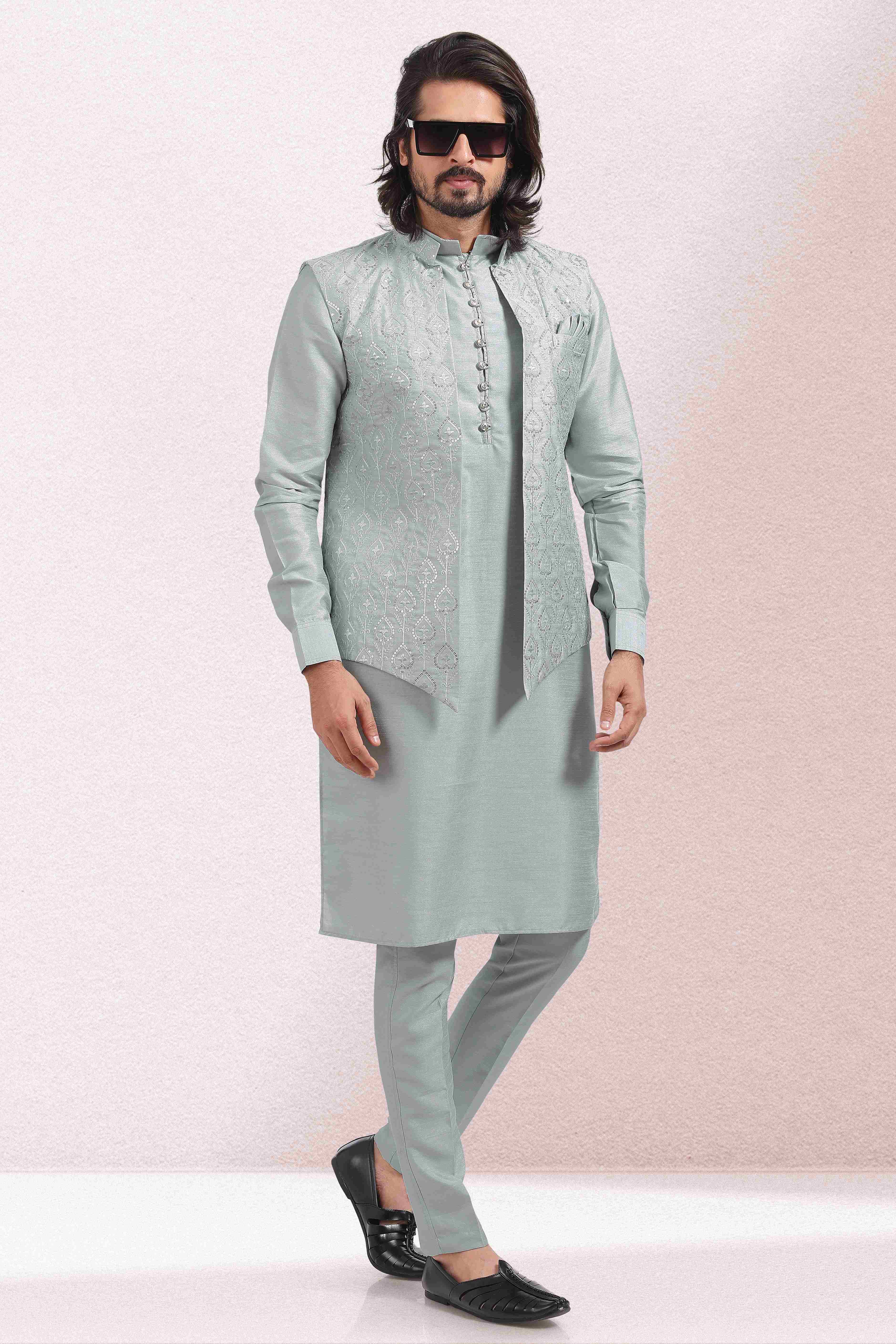 Raivat Ethnic Art Banarasi Silk Thread Work 3 Pics Jacket Set In Grey Colour